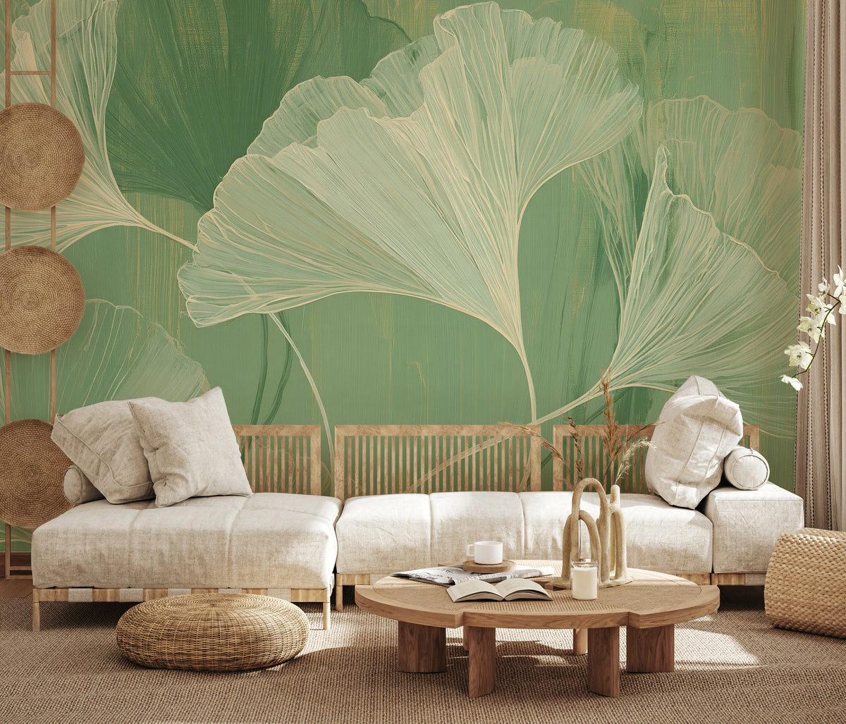 MATCHA BRUSHWORK sur tout le mur d’un salon rustique – les feuilles de ginkgo montent haut au-dessus du canapé en lin