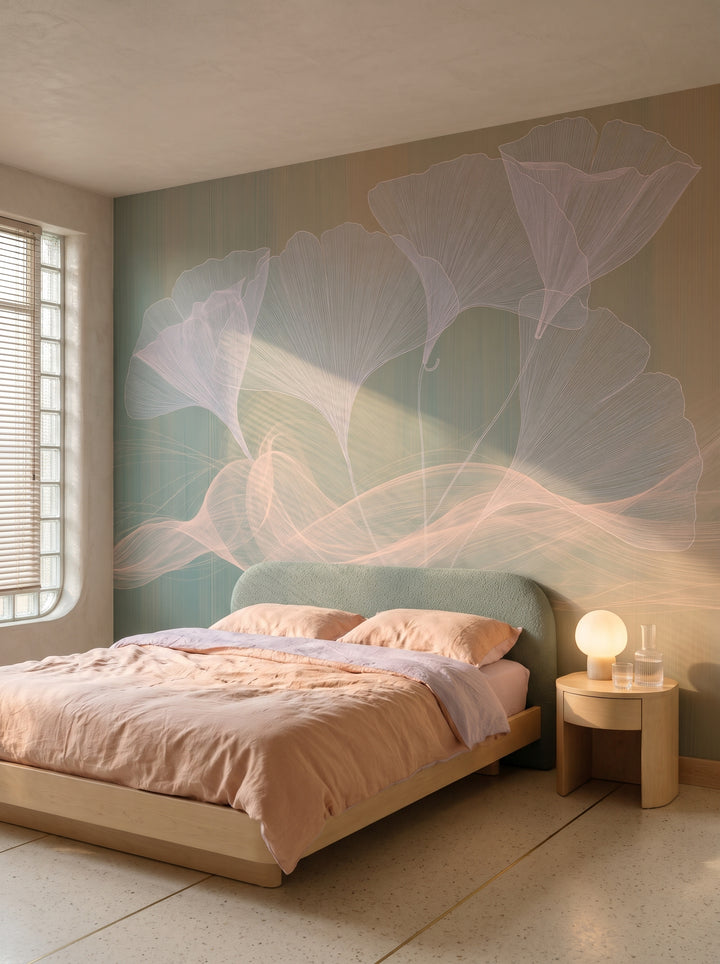 MAUVE SHORE dans une chambre d’un appartement à Miami Beach, devant le mur un lit bas avec une tête de lit en bouclé