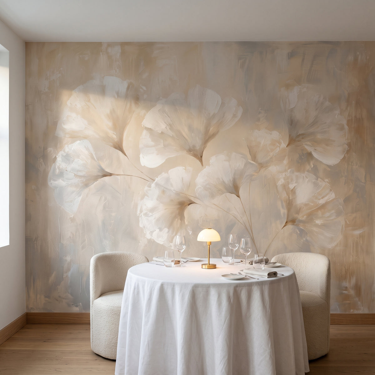 MERINGUE w aranżacji kąta restauracji w Kopenhadze, przed ścianą okrągły stół z białym obrusem i dwa kremowe fotele z bukli