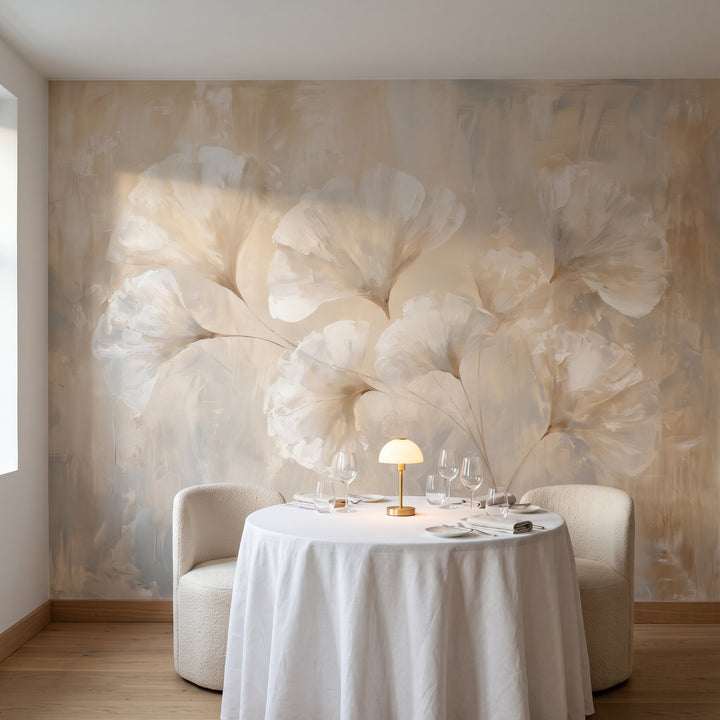 MERINGUE nell'ambientazione di un angolo di ristorante a Copenaghen: davanti alla parete un tavolo rotondo con tovaglia bianca e due poltrone bouclé crema