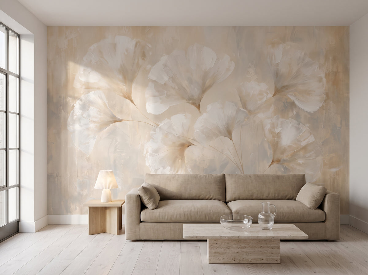 MERINGUE w aranżacji salonu w modernistycznym apartamencie w Kownie, przed ścianą głęboka sofa z piaskowego lnu