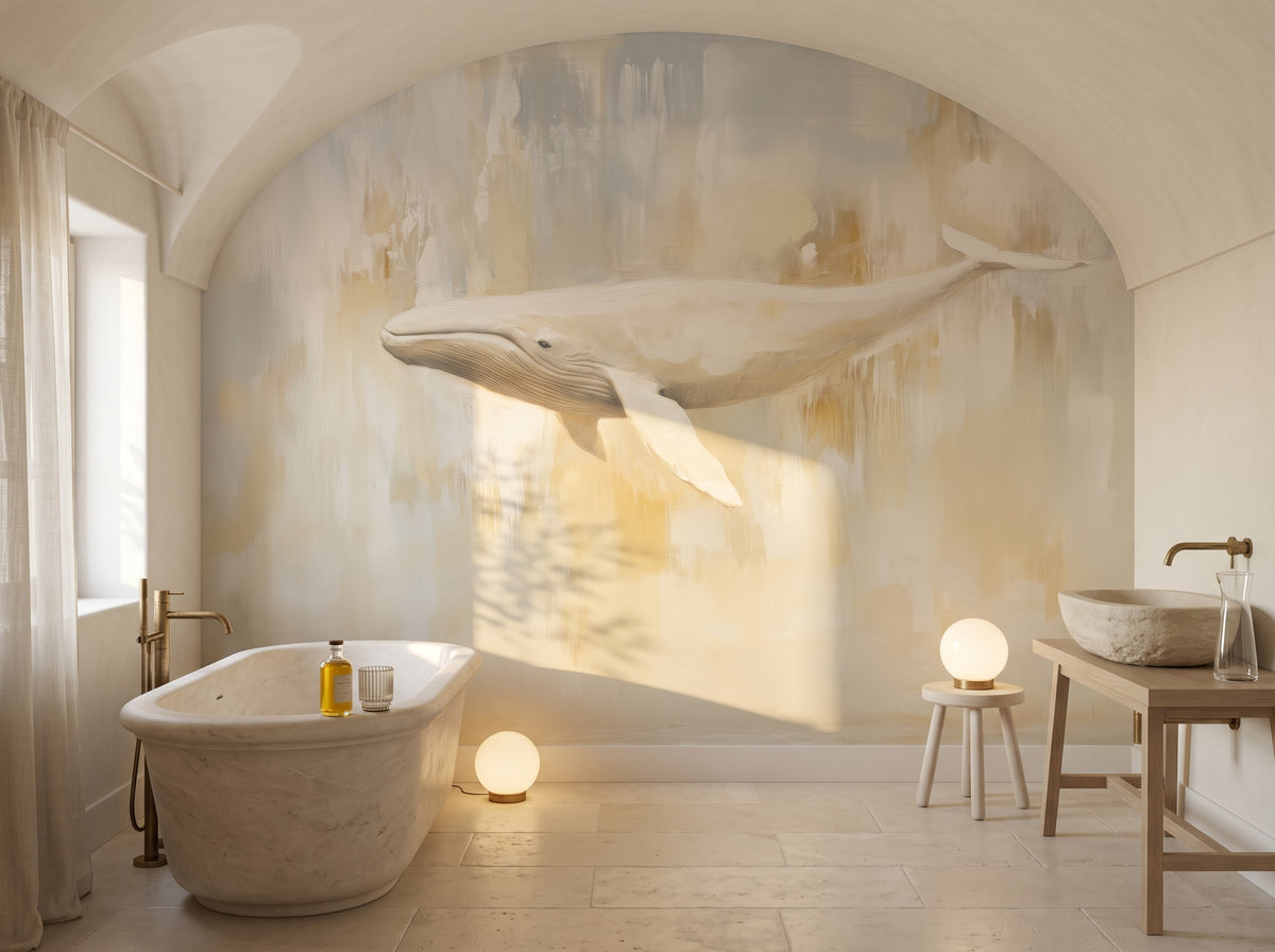 MILK AND HONEY in a bathroom setting: full light wall with the whale, a stone bath and a washbasin at the sides