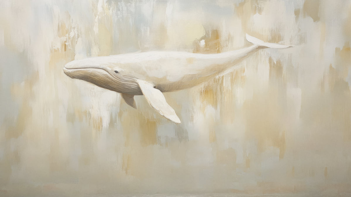 Pattern preview: MILK AND HONEY – full design: creamy white whale with a long fin on vertical bands of white, sand and honey
