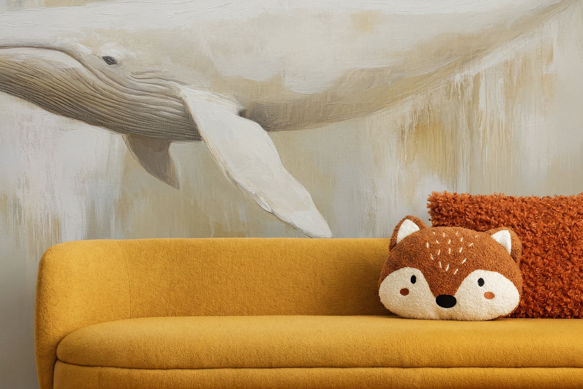 MILK AND HONEY close-up in a child’s room: the whale’s head and a pale fin above a mustard sofa with a fox-shaped cushion