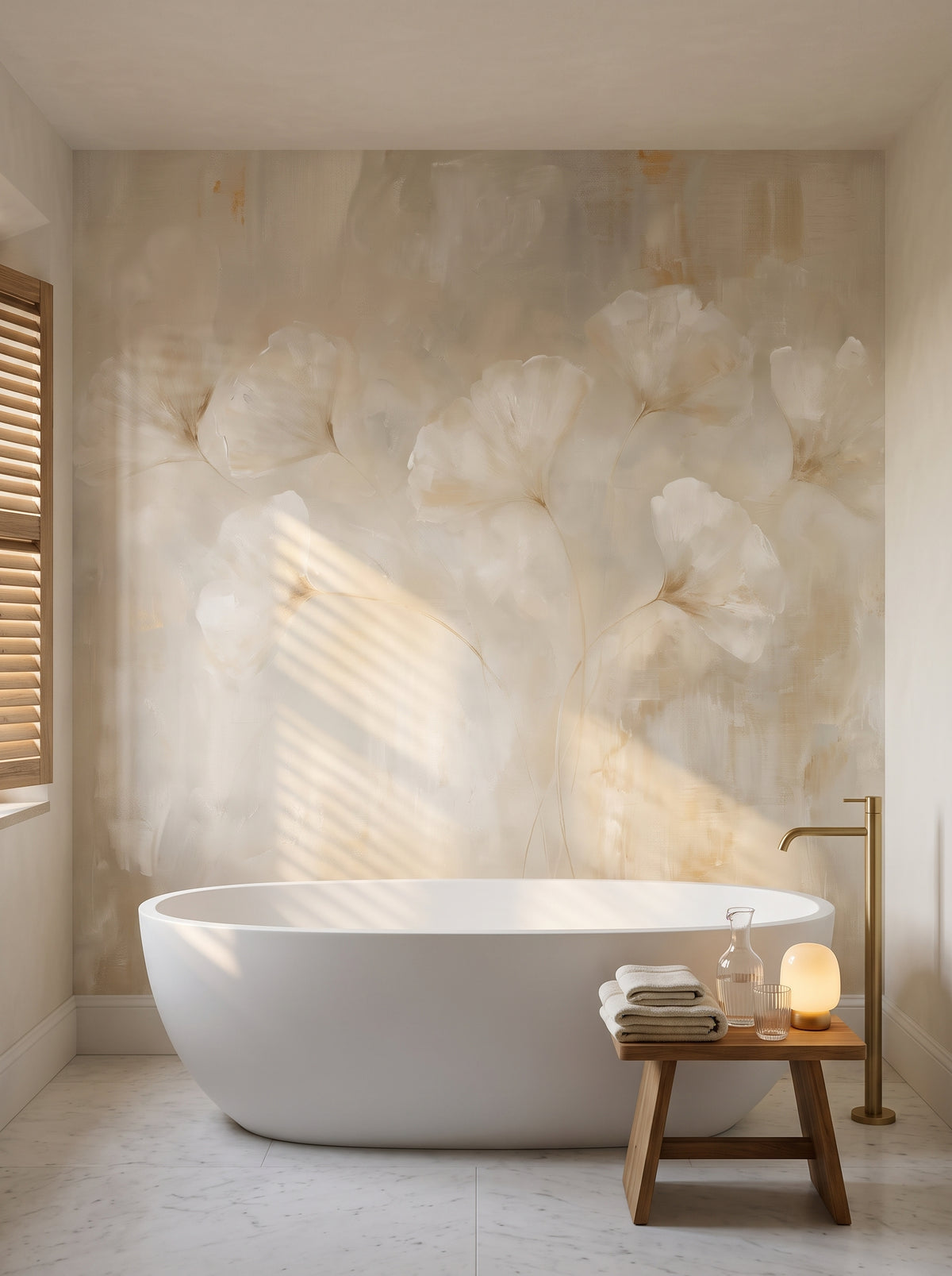 MILK GLASS als Raumgestaltung eines Badezimmers in einer toskanischen Villa bei Lucca, davor eine freistehende Steinbadewanne und ein Teakholzhocker