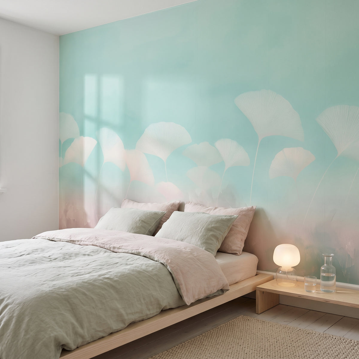 MINT SORBET mis en scène dans une chambre d'une maison en bord de mer à Skagen, devant le mur un lit bas au linge de lit sauge