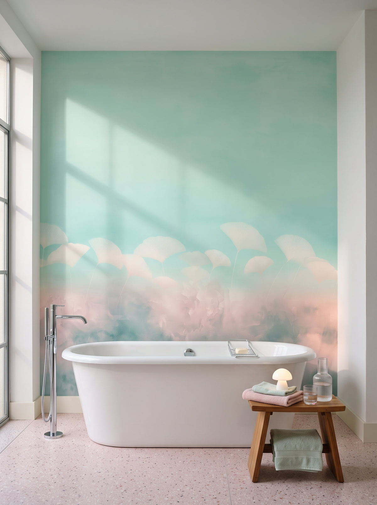MINT SORBET mis en scène dans la salle de bain d'une villa moderniste à Gdynia, devant le mur une baignoire îlot blanche et un tabouret en teck