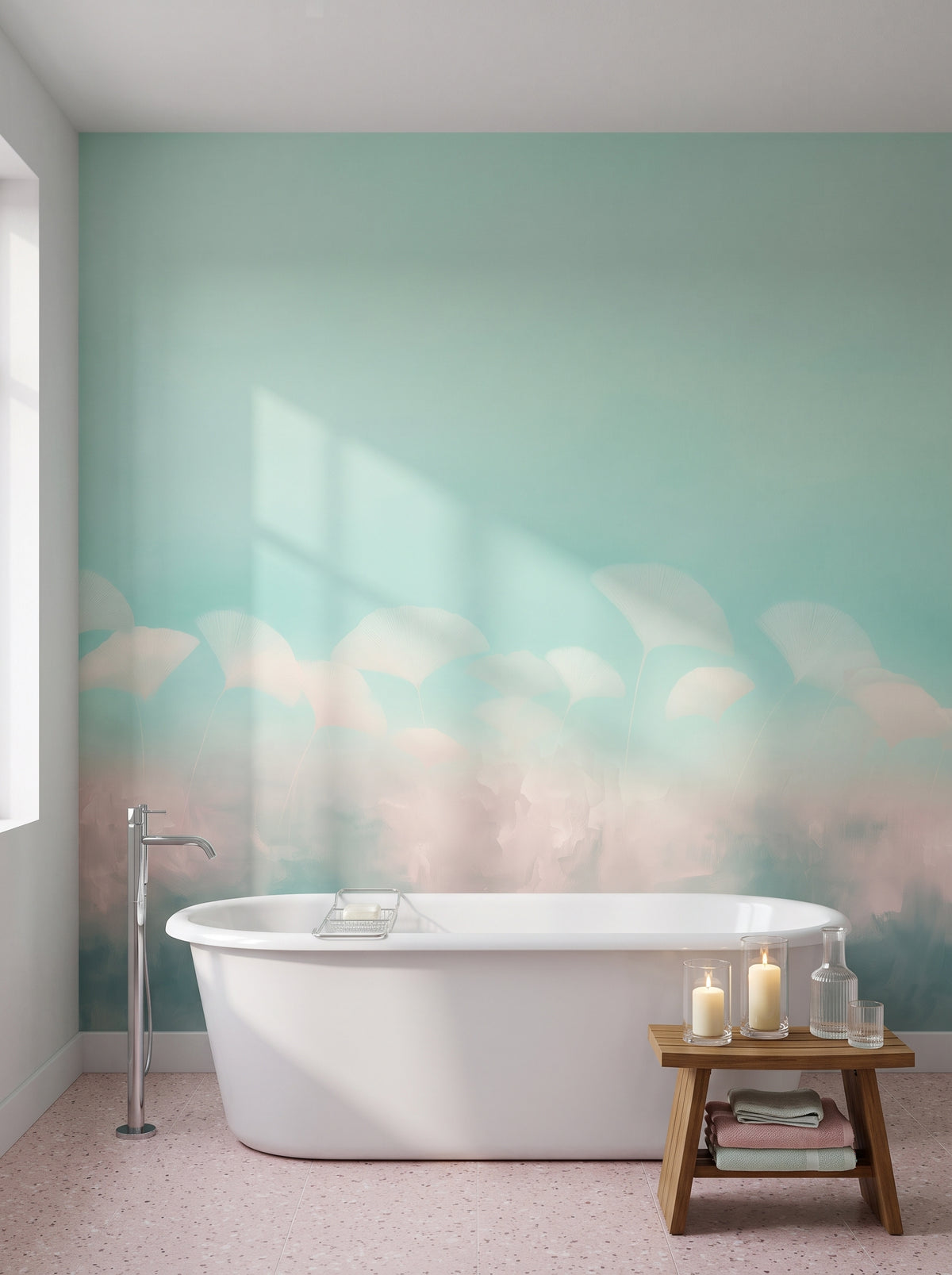 MINT SORBET als Raumgestaltung eines Badezimmers in einer modernistischen Villa in Gdynia, davor eine freistehende weiße Wanne und ein Teakhocker