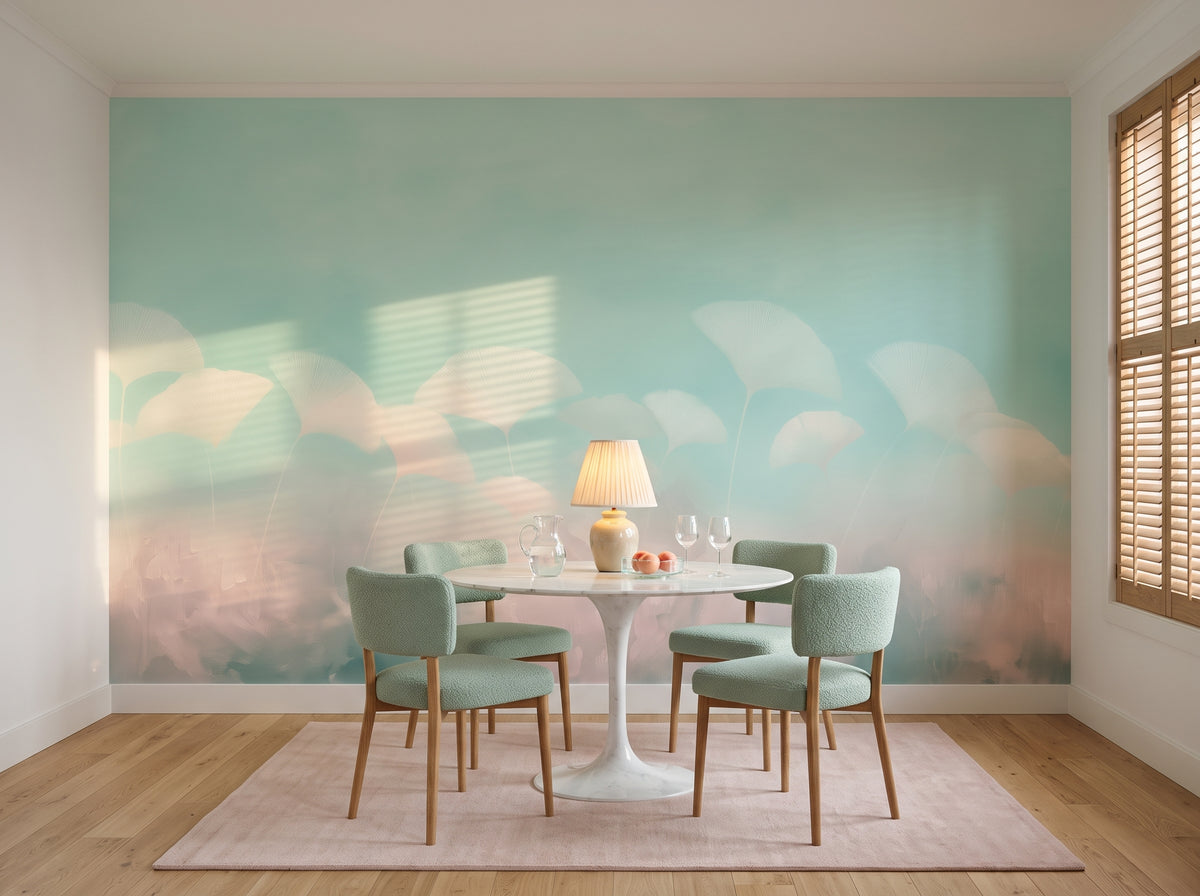 MINT SORBET mis en scène dans une salle à manger d'un appartement lisboète des années 60, devant le mur une table en marbre et des chaises menthe