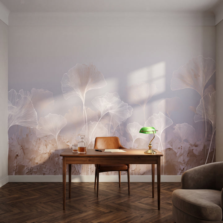 MOCHA LACE mis en scène dans un bureau d'un immeuble cracovien des années 20, devant le mur un bureau en noyer et un fauteuil en cuir