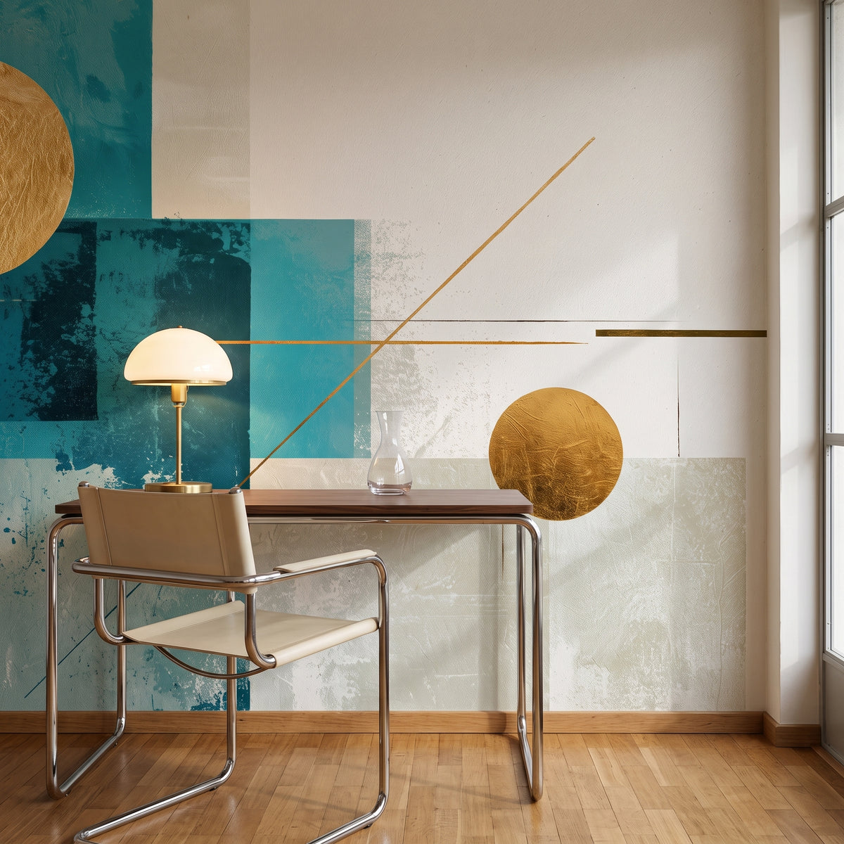 MODERNIST SUNS en una ambientación de despacho: escritorio con tablero de nogal y sillón crema frente a la pared