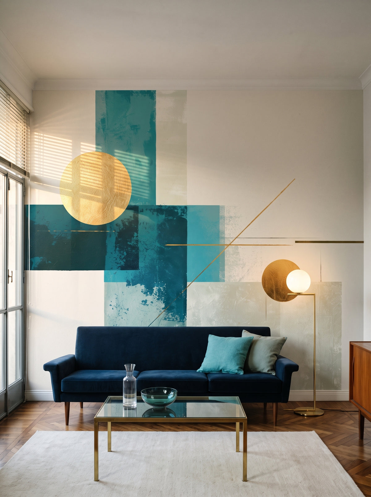 MODERNIST SUNS en una ambientación de salón: sofá bajo azul marino y mesa de cristal frente a la pared con círculos dorados