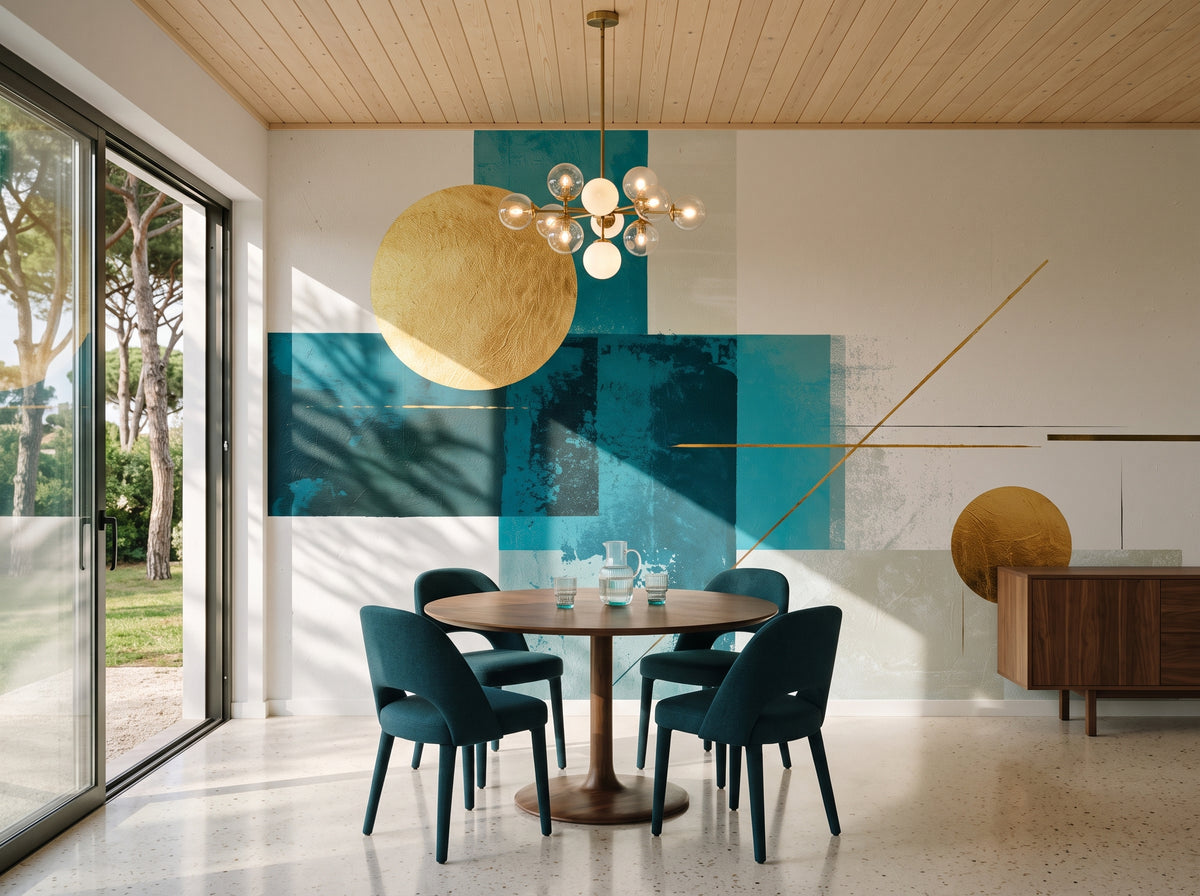 MODERNIST SUNS en una ambientación de comedor: mesa redonda con sillas turquesa frente a toda la pared