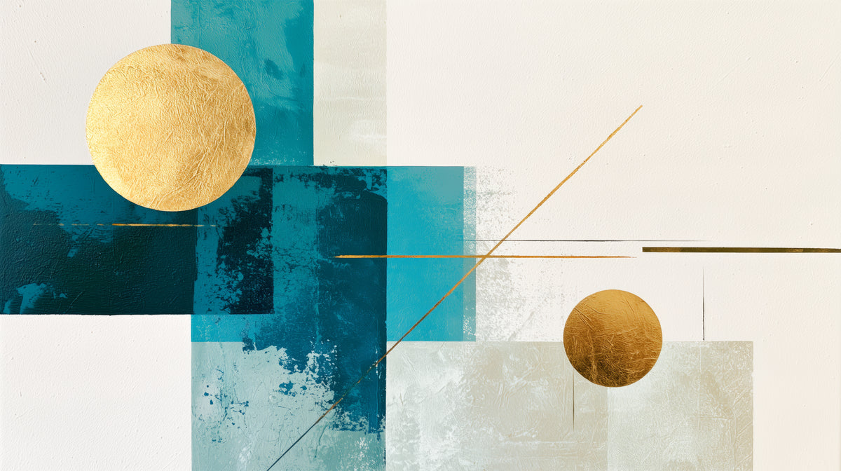 Vista previa del patrón: MODERNIST SUNS – diseño completo: dos círculos dorados en diagonal, rectángulos azul marino y turquesa, una fina línea dorada