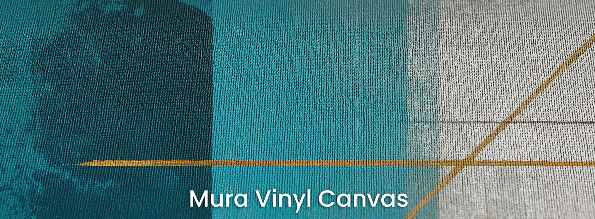 MODERNIST SUNS en el soporte Mura Vinyl Canvas – trama del lienzo sobre azul marino, turquesa y líneas doradas