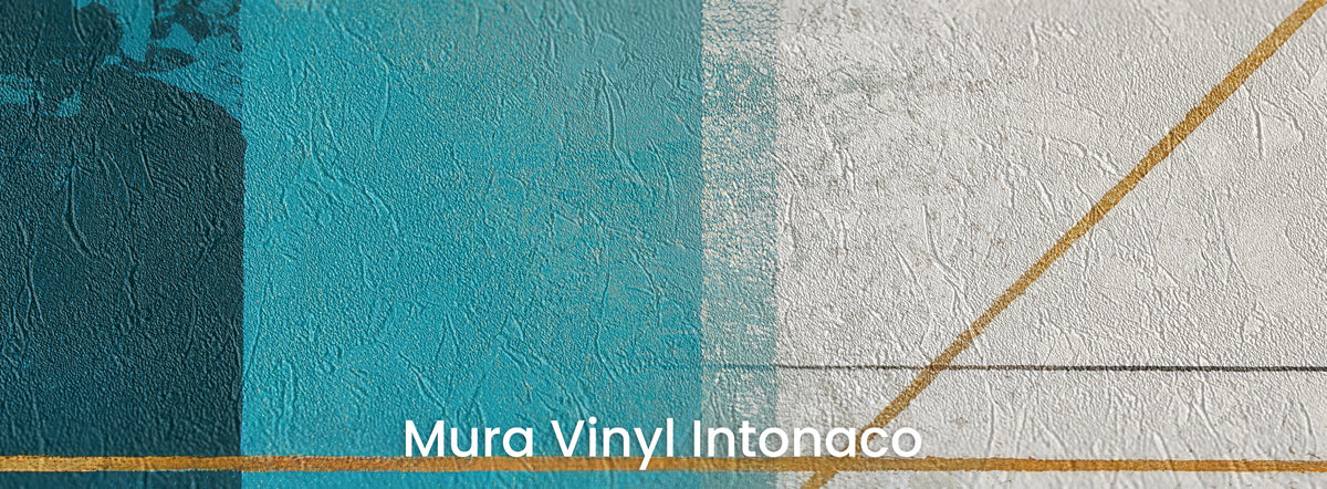 MODERNIST SUNS en el soporte Mura Vinyl Intonaco – textura de revoco fratasado sobre fondo blanco con una línea dorada