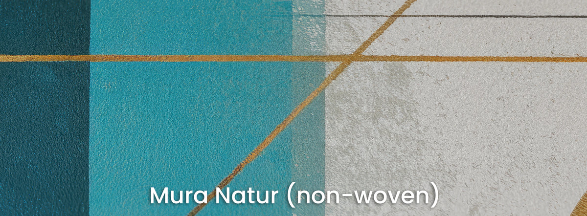 MODERNIST SUNS en el soporte Mura Natur – superficie mate, turquesa y líneas doradas que se cruzan