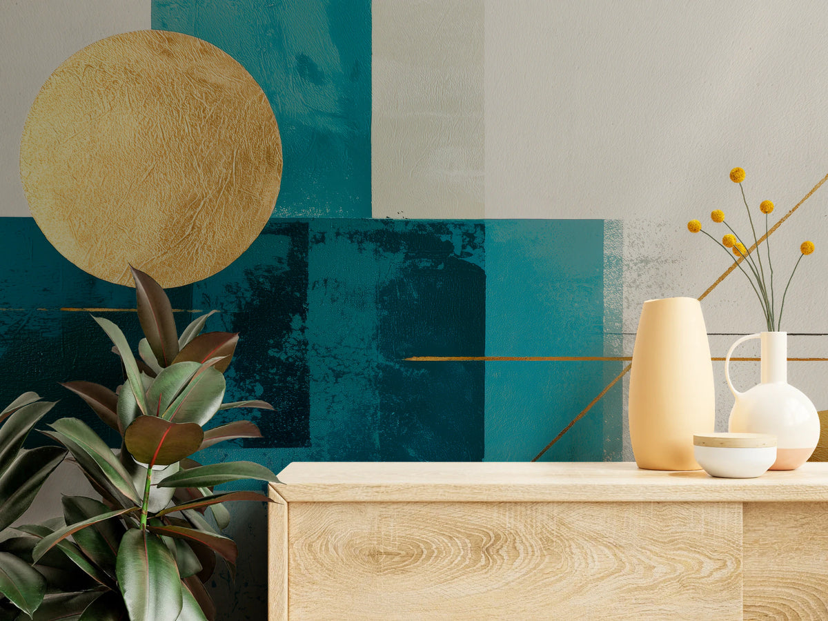 MODERNIST SUNS de cerca sobre una cómoda de roble con jarrones: círculo dorado grande, rectángulo azul marino y rectángulo turquesa