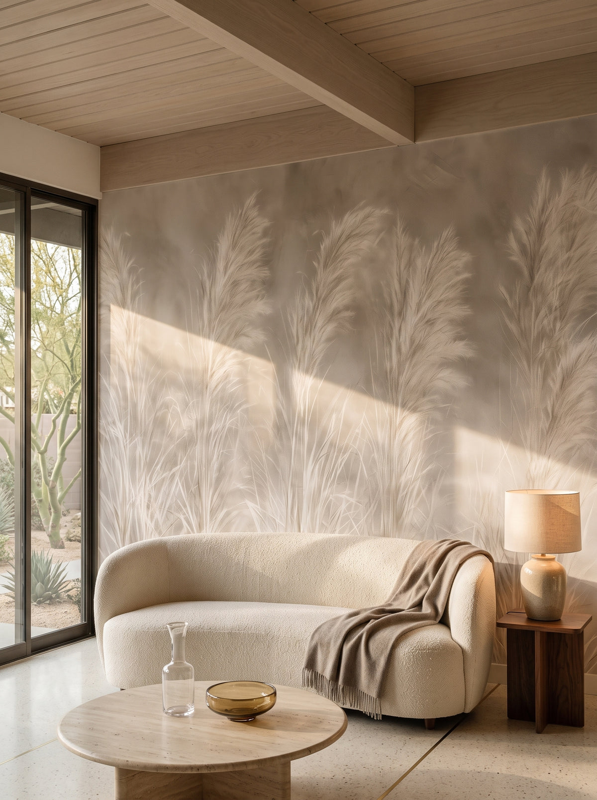 MOHAIR QUINTET en la ambientación de un salón en una casa modernista de Palm Springs, con un sofá bajo y redondeado ante la pared