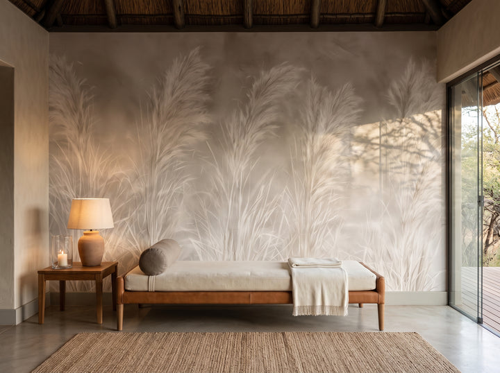 MOHAIR QUINTET en la ambientación de una suite en un lodge de safari, con un diván bajo ante la pared