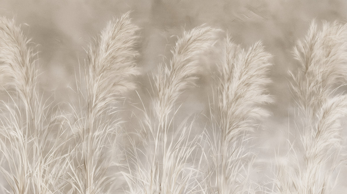 MOHAIR QUINTET – diseño completo: cinco plumeros crema de hierba de la pampa sobre un cálido fondo taupe