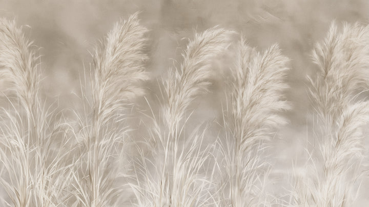 MOHAIR QUINTET – diseño completo: cinco plumeros crema de hierba de la pampa sobre un cálido fondo taupe