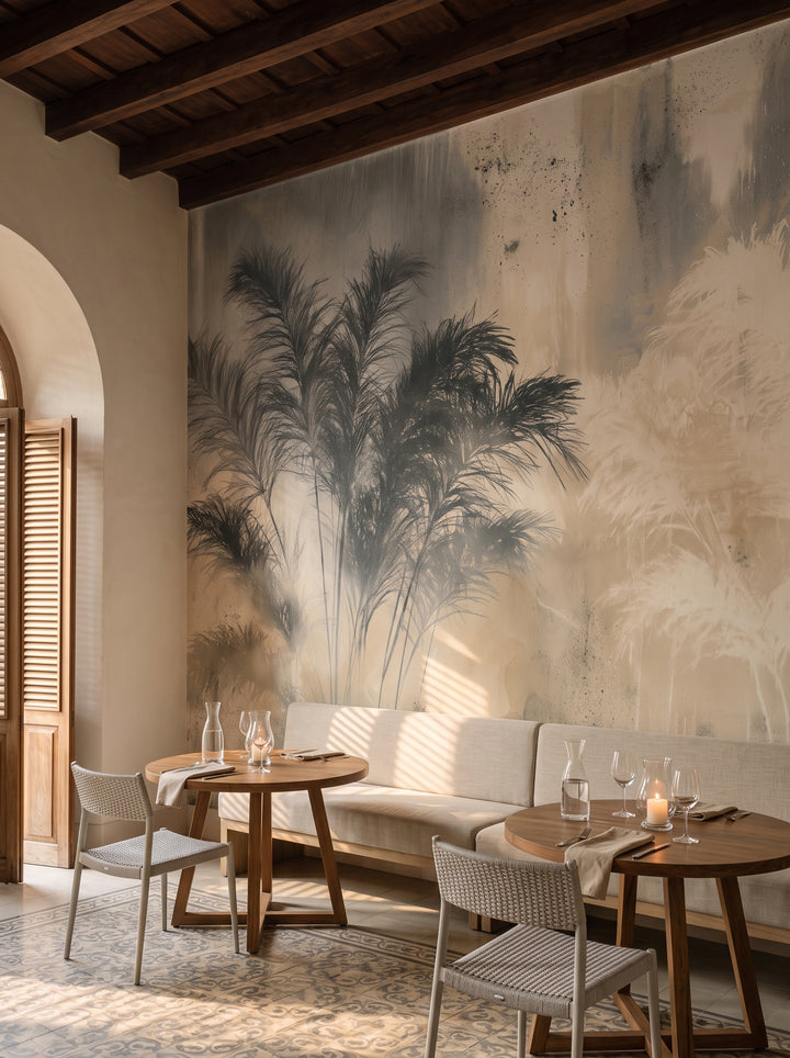 MONSOON in a restaurant setting in a former hacienda, with a low linen bench and tables with lanterns in front of the wall