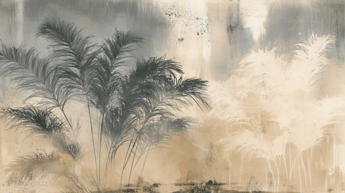 MONSOON – vollständiges Motiv: Graphitpalme links, cremefarbene Palmensilhouetten rechts auf graublauem und beigem Grund