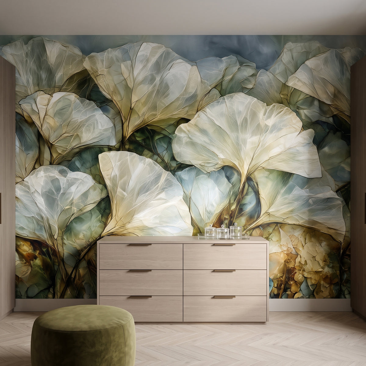 MOSS PANE mis en scène dans un dressing d'un appartement stockholmois, devant le mur une commode basse en chêne et un pouf olive