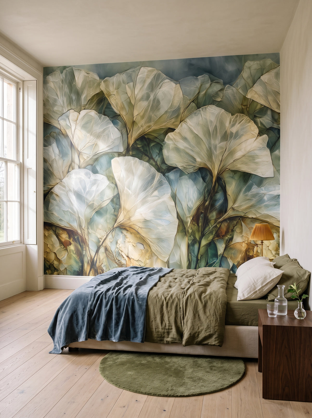 MOSS PANE mis en scène dans une chambre d'un manoir du XVIIIe siècle dans les Cotswolds, devant le mur un lit bas avec du linge de lit olive