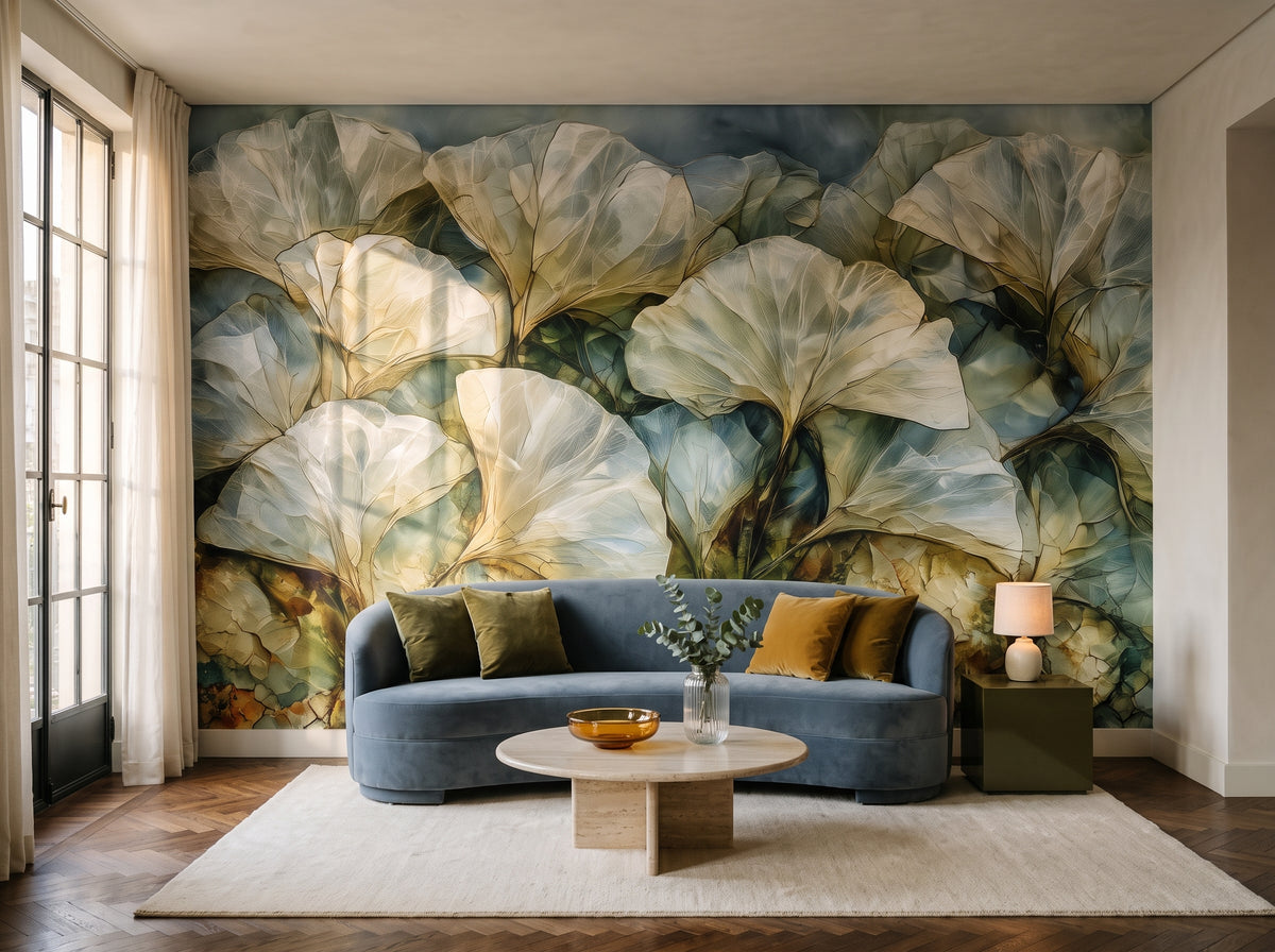 MOSS PANE mis en scène dans un salon Art déco à Buenos Aires, devant le mur un canapé bas en velours et une table basse en travertin