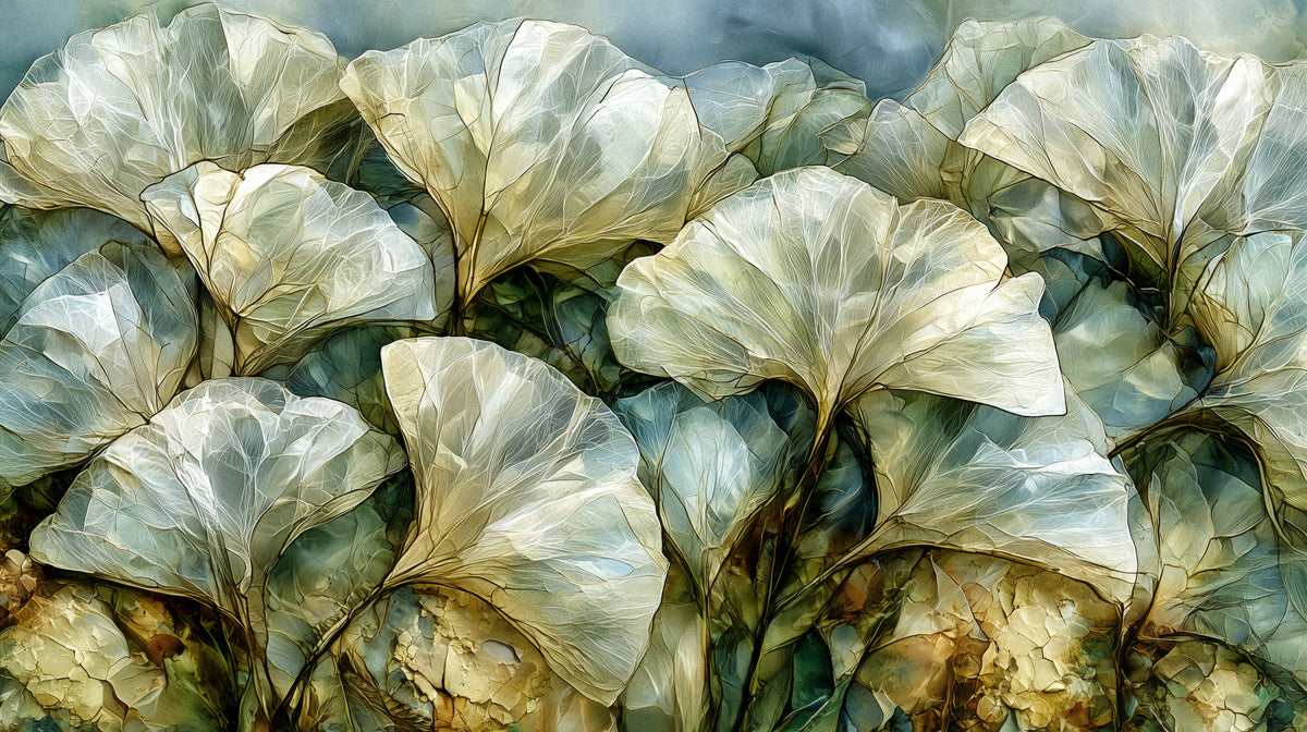 MOSS PANE – motif entier : feuilles de ginkgo crème comme du verre olive, avec des fentes vert de mer et un ciel ardoise