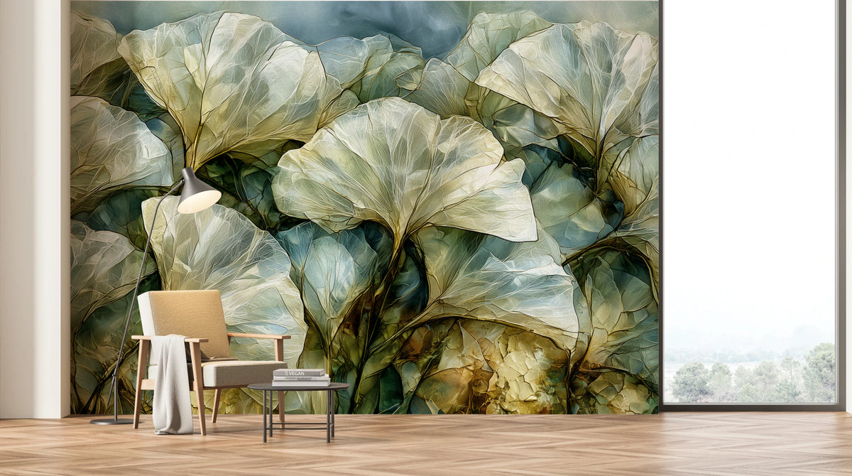 MOSS PANE sur tout le mur d'un salon avec un fauteuil et un lampadaire ; la plus grande feuille est nettement plus large que le fauteuil