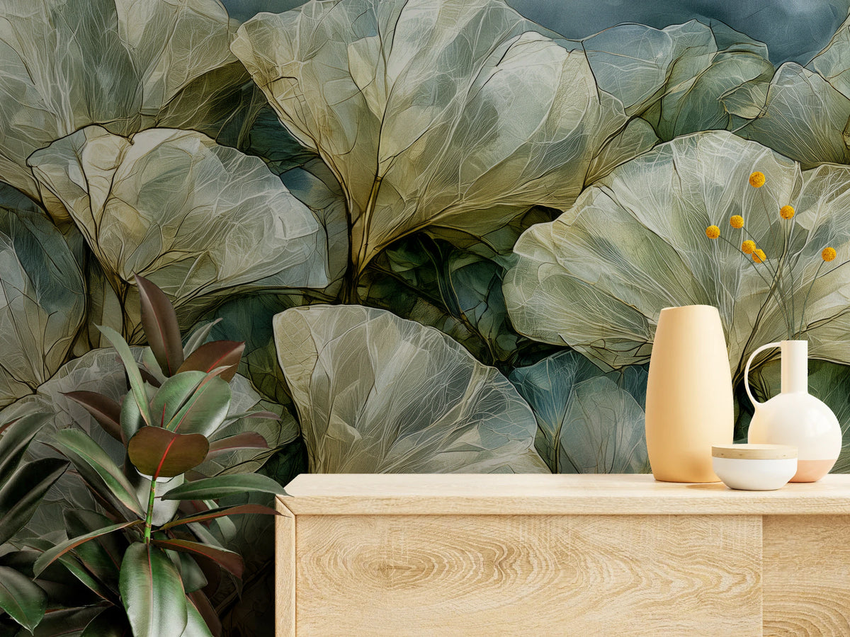 MOSS PANE de près au-dessus d'une commode claire avec des vases : contours olive et fentes sombres vert de mer entre les feuilles