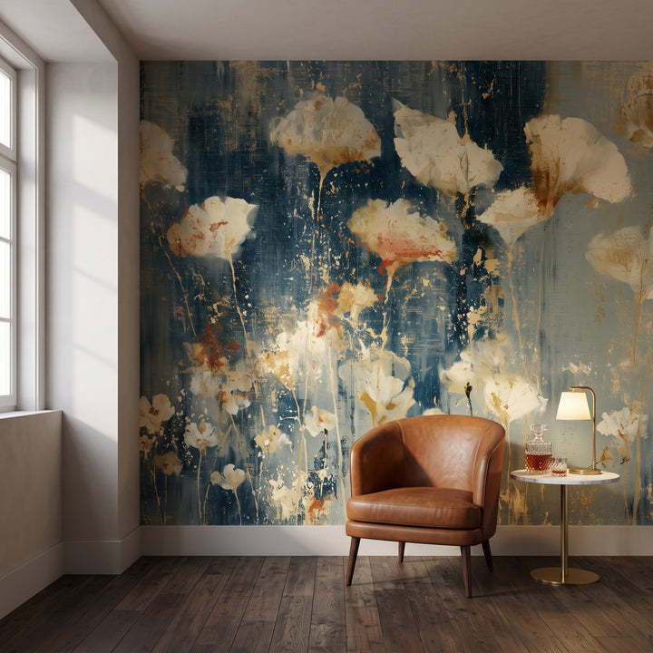 NAVY NOCTURNE in a hotel lounge setting in Lisbon, with a cognac armchair and a marble side table in front of the wall