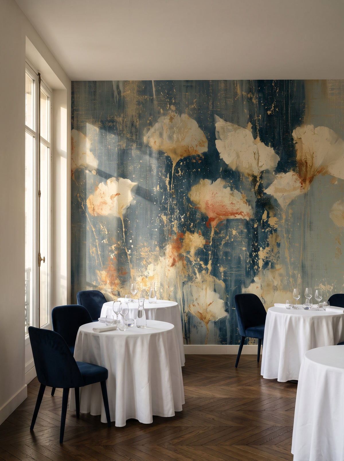 NAVY NOCTURNE in a restaurant setting in a Parisian townhouse, with round tables with white tablecloths and navy chairs in front of the wall
