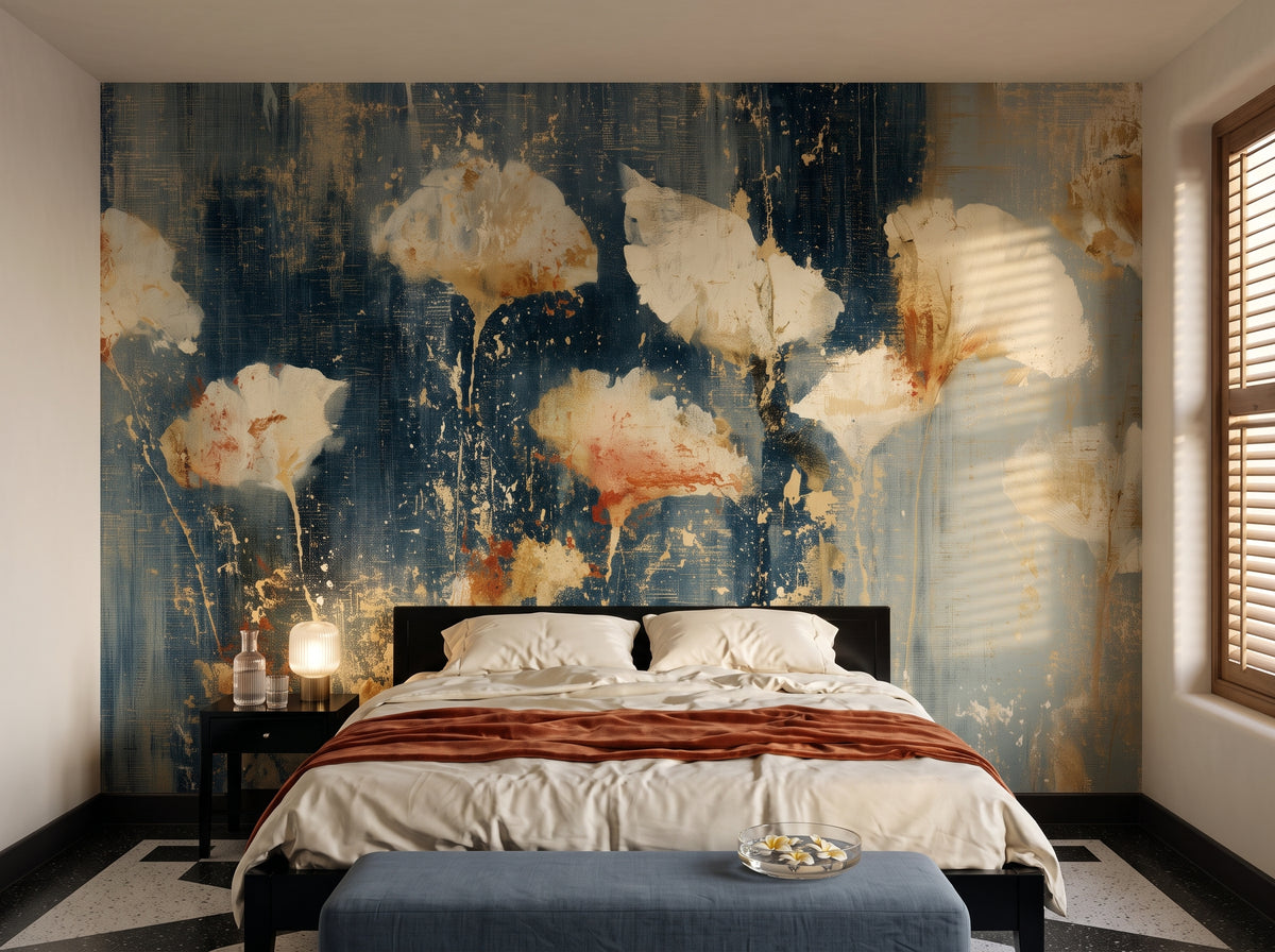 NAVY NOCTURNE in a bedroom setting in an Art Deco apartment in Mumbai, with a low bed with a rust throw in front of the wall