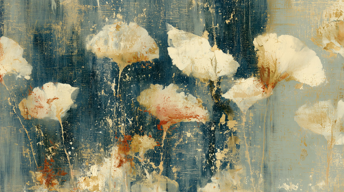 NAVY NOCTURNE – the full design: cream ginkgo leaves with rust bases on navy with ochre splashes