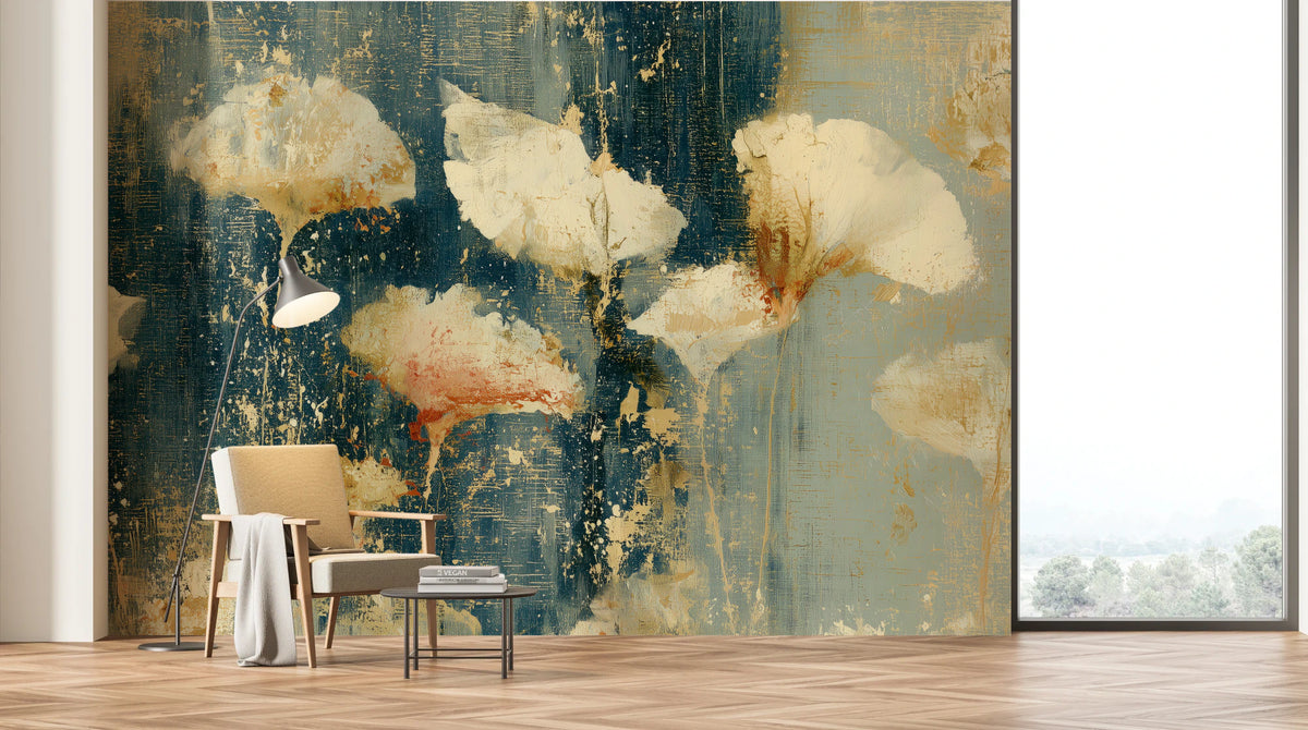 NAVY NOCTURNE across the whole wall of a bright living room with a window – cream leaves high above the armchair and floor lamp