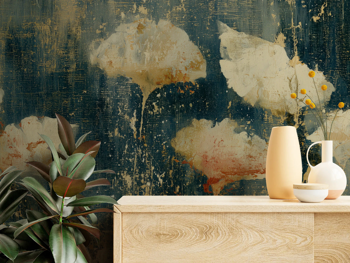 NAVY NOCTURNE close up – cream leaves with a rust tinge on navy above a pale chest of drawers with vases
