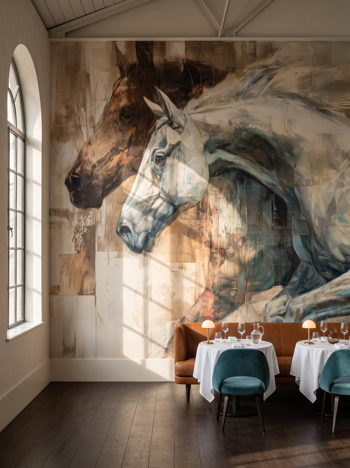 NECK AND NECK en una ambientación de restaurante: dos caballos saltando sobre un banco de cuero coñac, mesas con manteles blancos y sillas turquesa