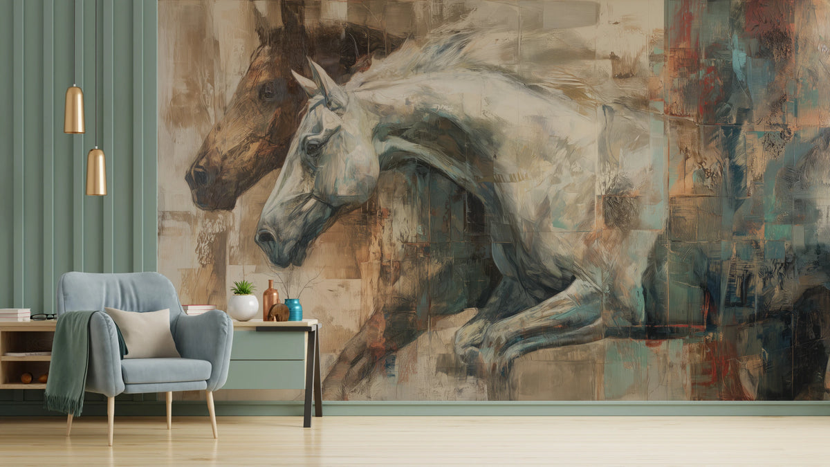 NECK AND NECK, pared de salón: un caballo marrón y otro blanco saltan a la izquierda, con turquesa y óxido a la derecha; a la izquierda, panel verde y sillón