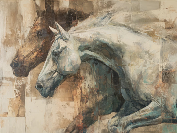 NECK AND NECK de cerca: cabeza del caballo blanco ante la del marrón, ambas de perfil, con las crines echadas atrás y beiges frotados