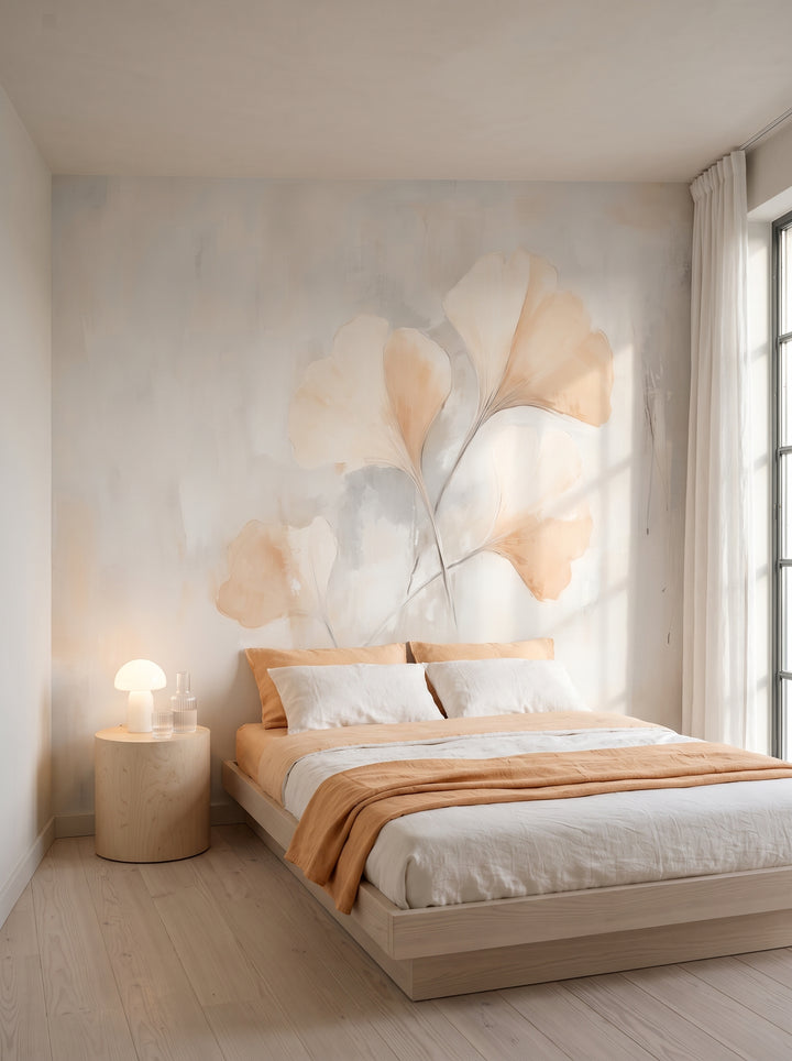 NECTAR SPRIG nell'ambientazione di una camera da letto in una villa funzionalista: davanti alla parete un letto basso con biancheria da letto color pesca
