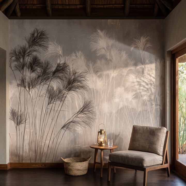 NILE MARSH in a guest suite setting in a safari lodge, with an armchair and side table in front of the wall