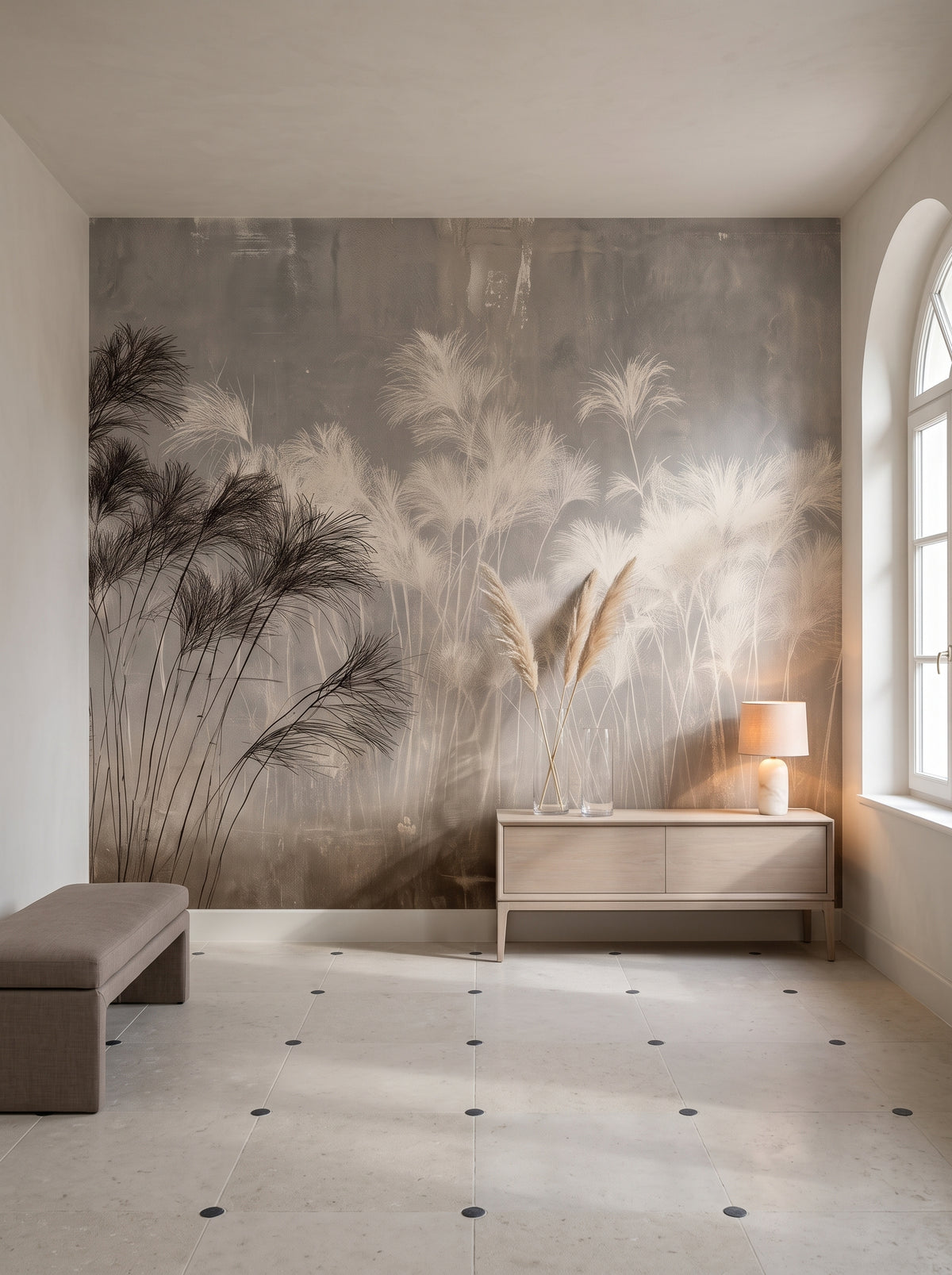 NILE MARSH in a villa entrance hall setting in Biarritz, with a whitewashed oak console, vases and a small lamp in front of the wall