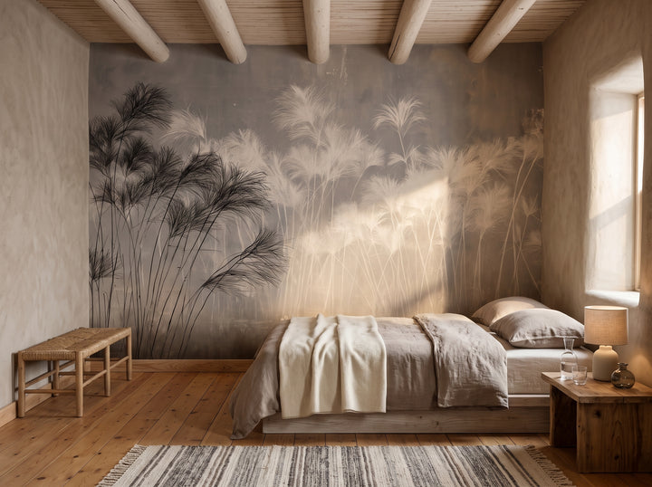 NILE MARSH in a bedroom setting in an adobe house in Santa Fe, with a low bed in front of the wall