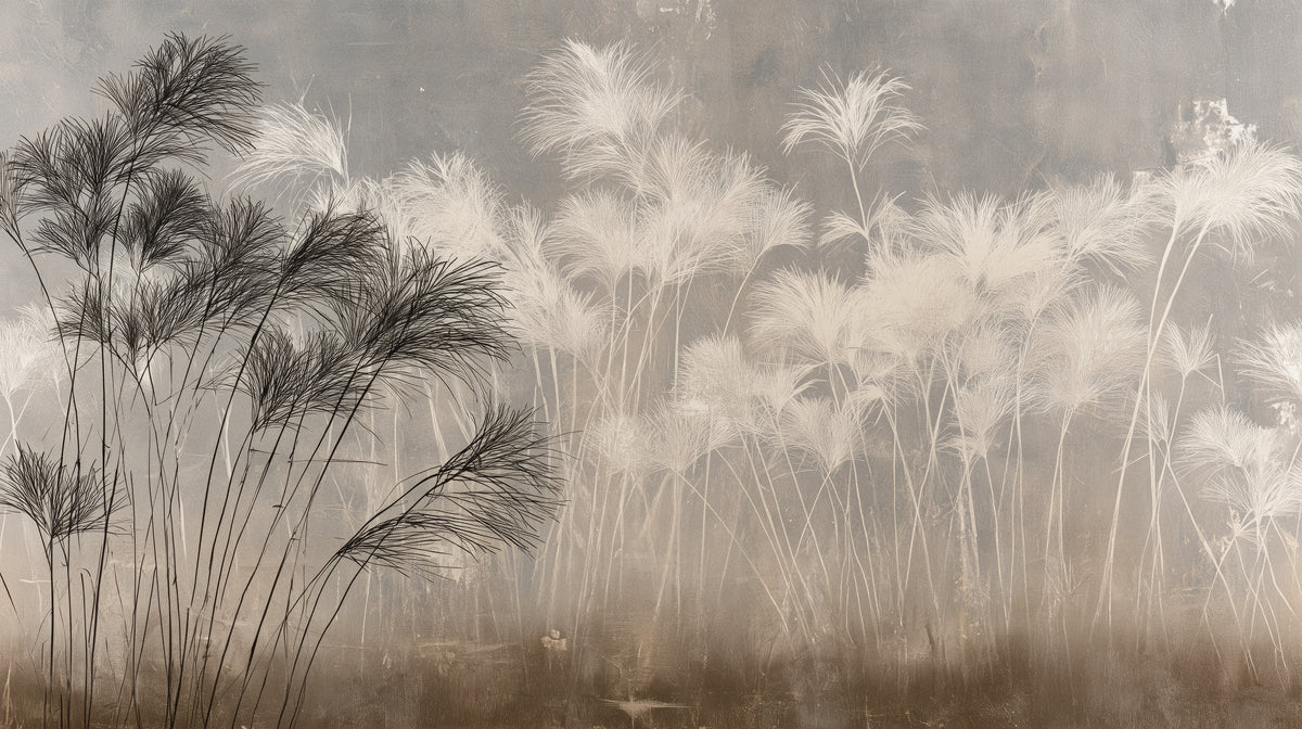 NILE MARSH – full design: a dark clump of papyrus on the left and a pale stand of cream papyrus on a warm grey background