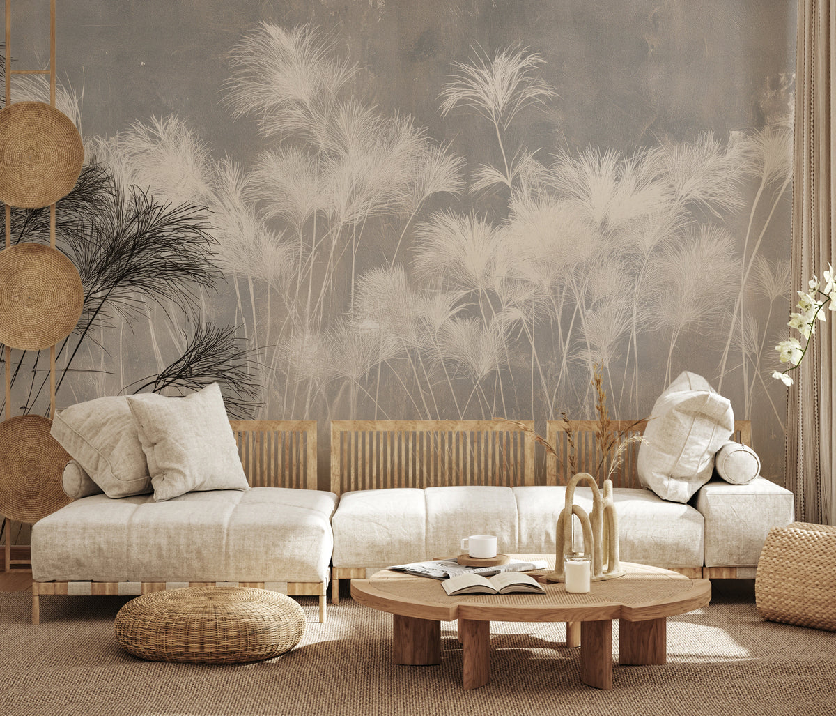 NILE MARSH across the whole wall of a bright living room with rattan – papyrus scale beside a low sofa and round table