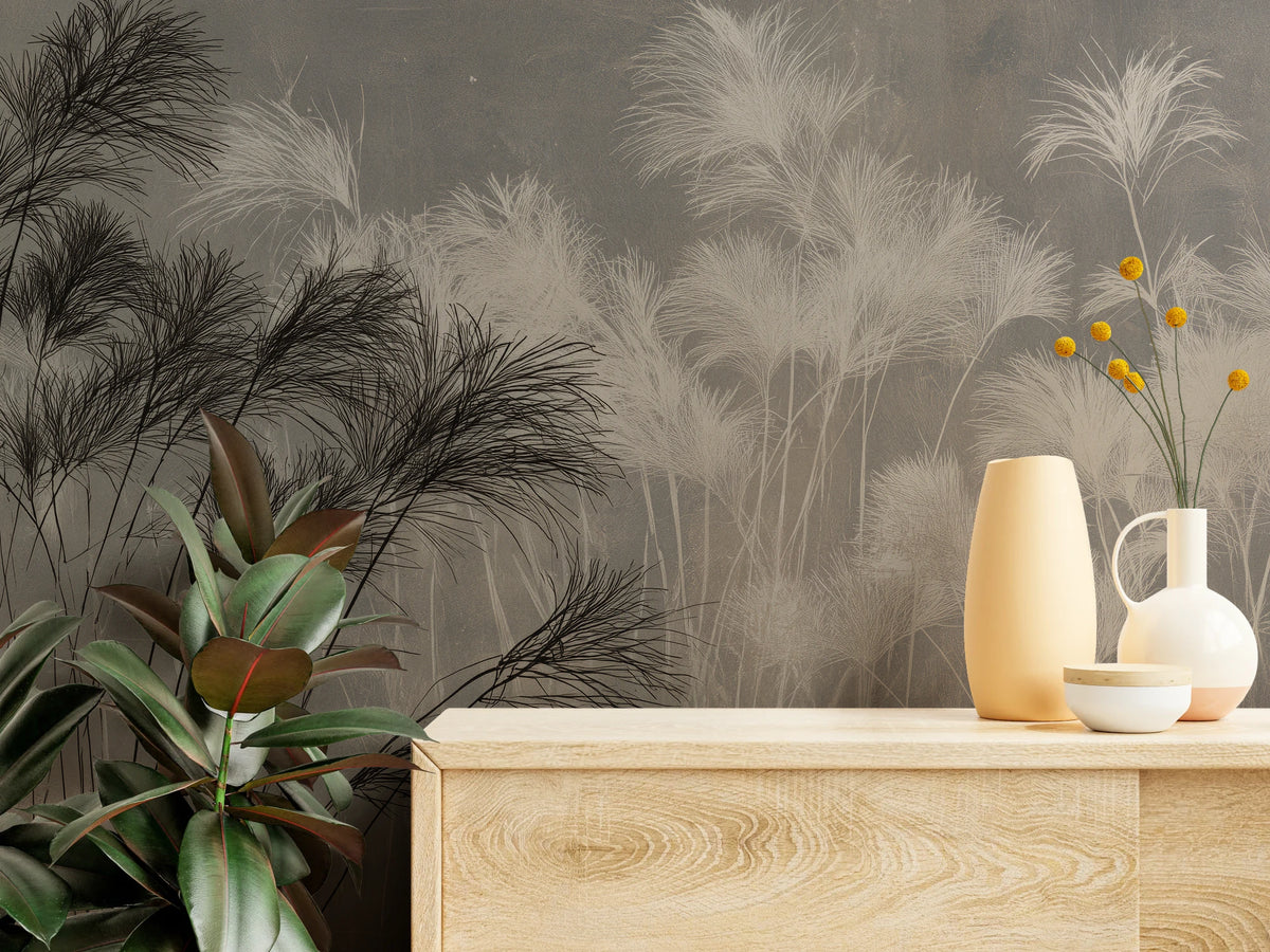 NILE MARSH close-up – dark papyrus plumes and cream stems above a wooden chest of drawers